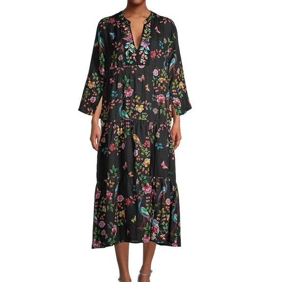 Johnny Was Dresses & Skirts - Johnny Was Womens Floral Tiered Embroidered V-Neck Boho Midi Dress Black Size XL